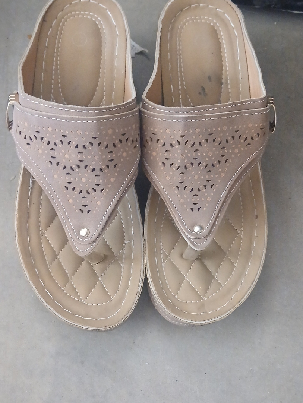 Women's Taupe Laser-Cut Thong Sandals